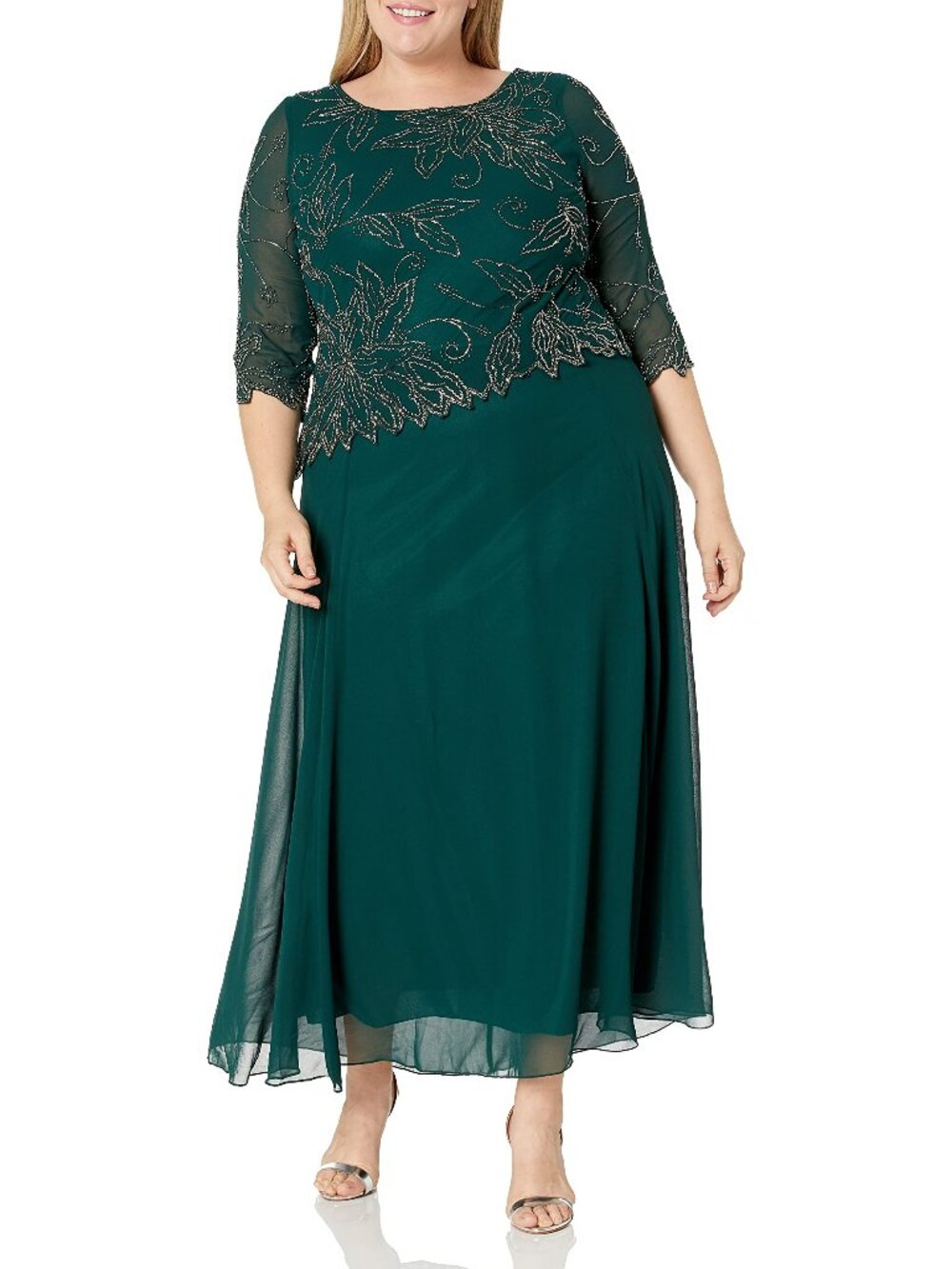 NWT New J Kara Beaded Scallop Bodice Asymmetrical Gown Dress In Hunter Size 20W